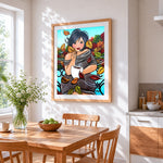 Curvy woman with coffee in autumn cross stitch artwork displayed on wall as home decor