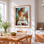 Curvy woman with pearl necklace cross stitch artwork displayed on wall as home decor