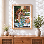 Finished curvy woman with sunglasses cross stitch artwork displayed