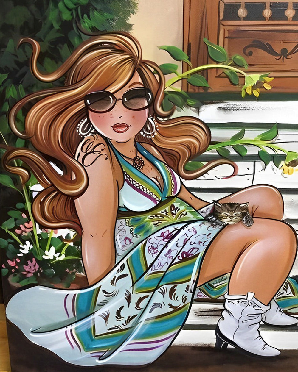 Curvy woman with sunglasses cross stitch kit for beginners