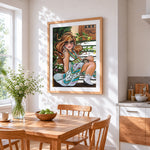 Curvy woman with sunglasses cross stitch artwork displayed on wall as home decor