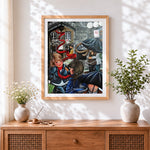 Finished curvy women in the rain cross stitch artwork displayed