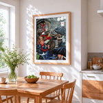 Curvy women in the rain cross stitch artwork displayed on wall as home decor