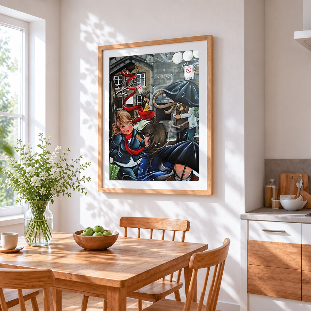 Curvy women in the rain cross stitch artwork displayed on wall as home decor