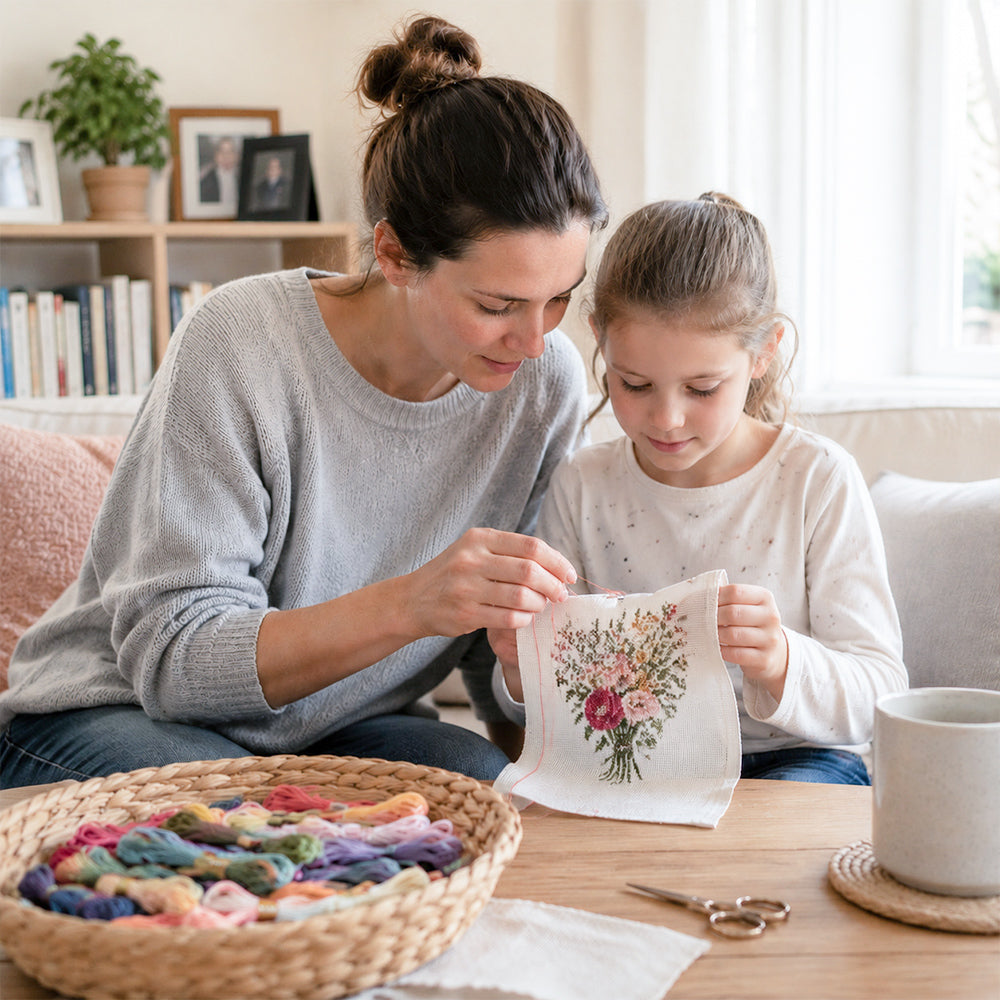 Family enjoying creative time with a custom cross stitch embroidery kit at home
