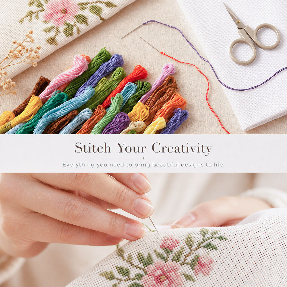 Hands stitching a custom cross stitch kit with embroidery thread and fabric