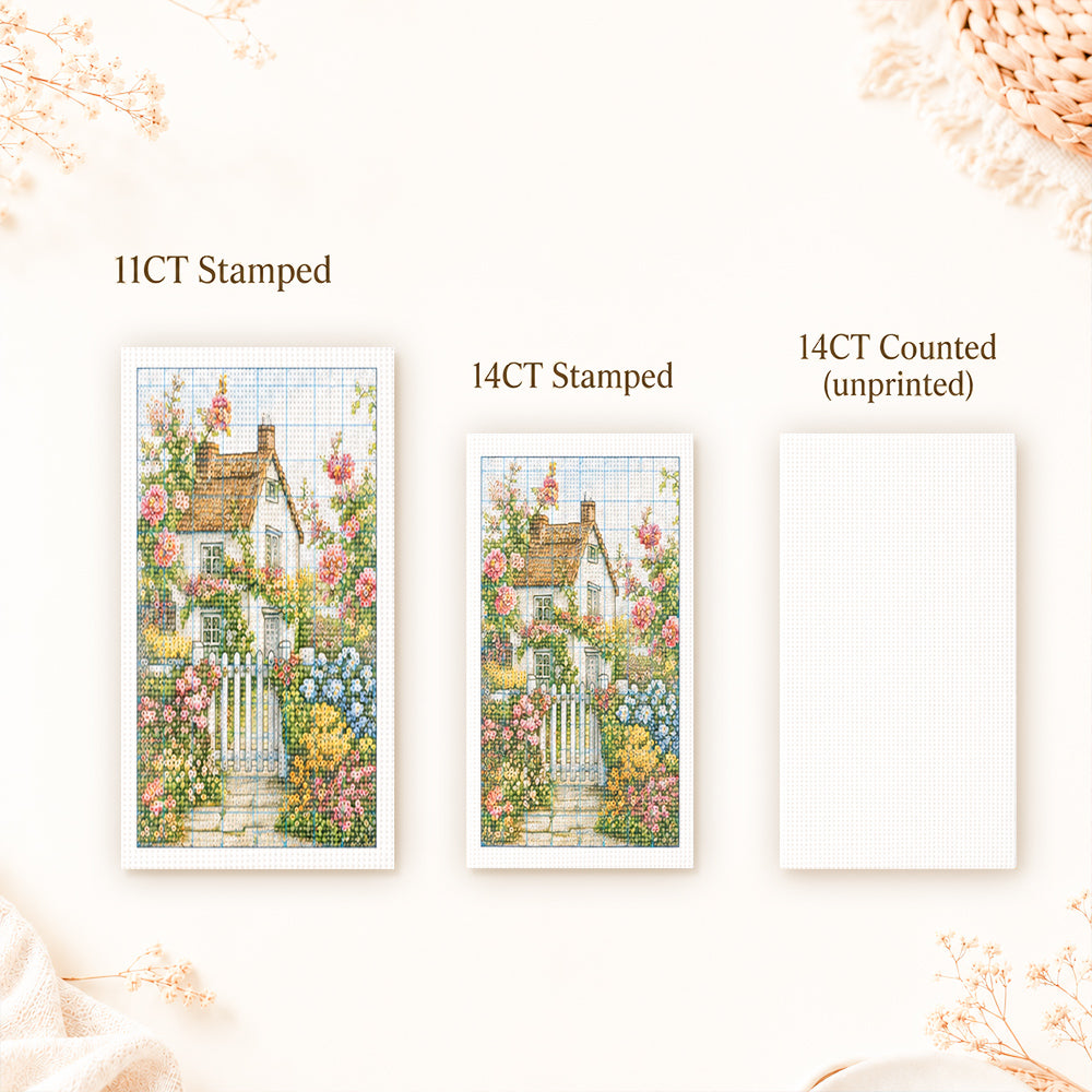 Custom cross stitch kit size options with 11CT stamped, 14CT stamped and 14CT counted canvas