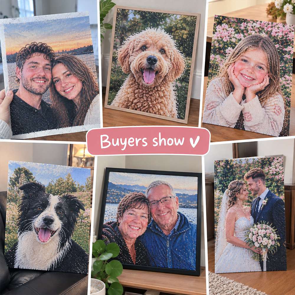 Buyers show collage of custom diamond painting artworks made from pets, couples, family and wedding photos
