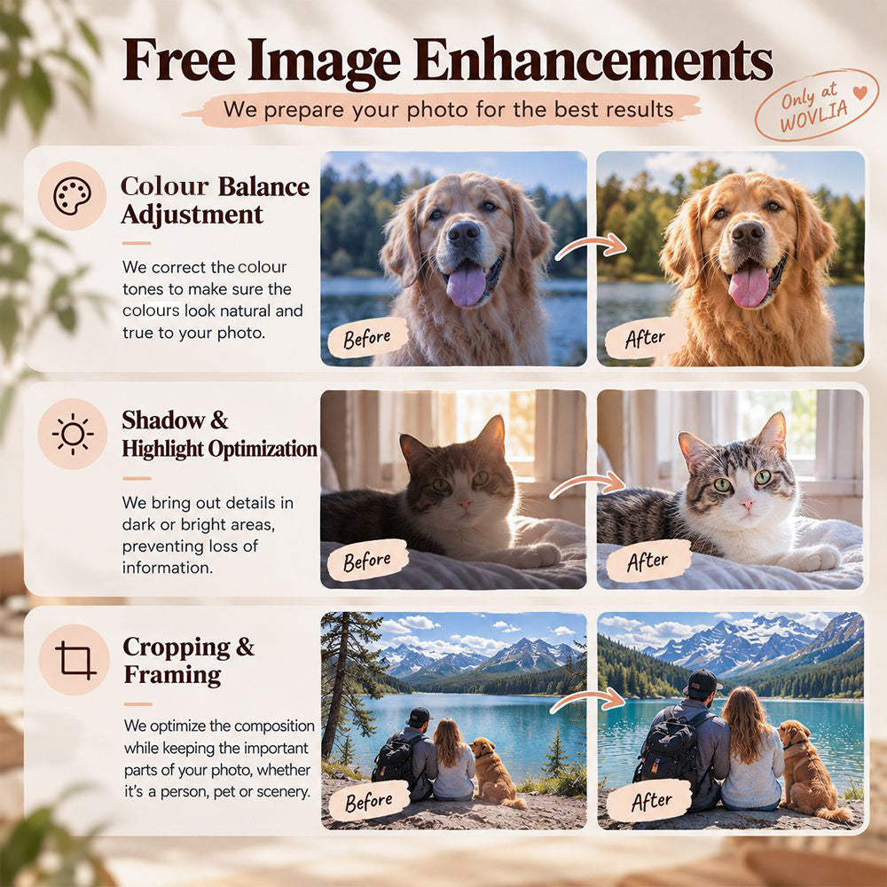 Free image enhancements for custom diamond painting photos including colour balance, lighting and cropping