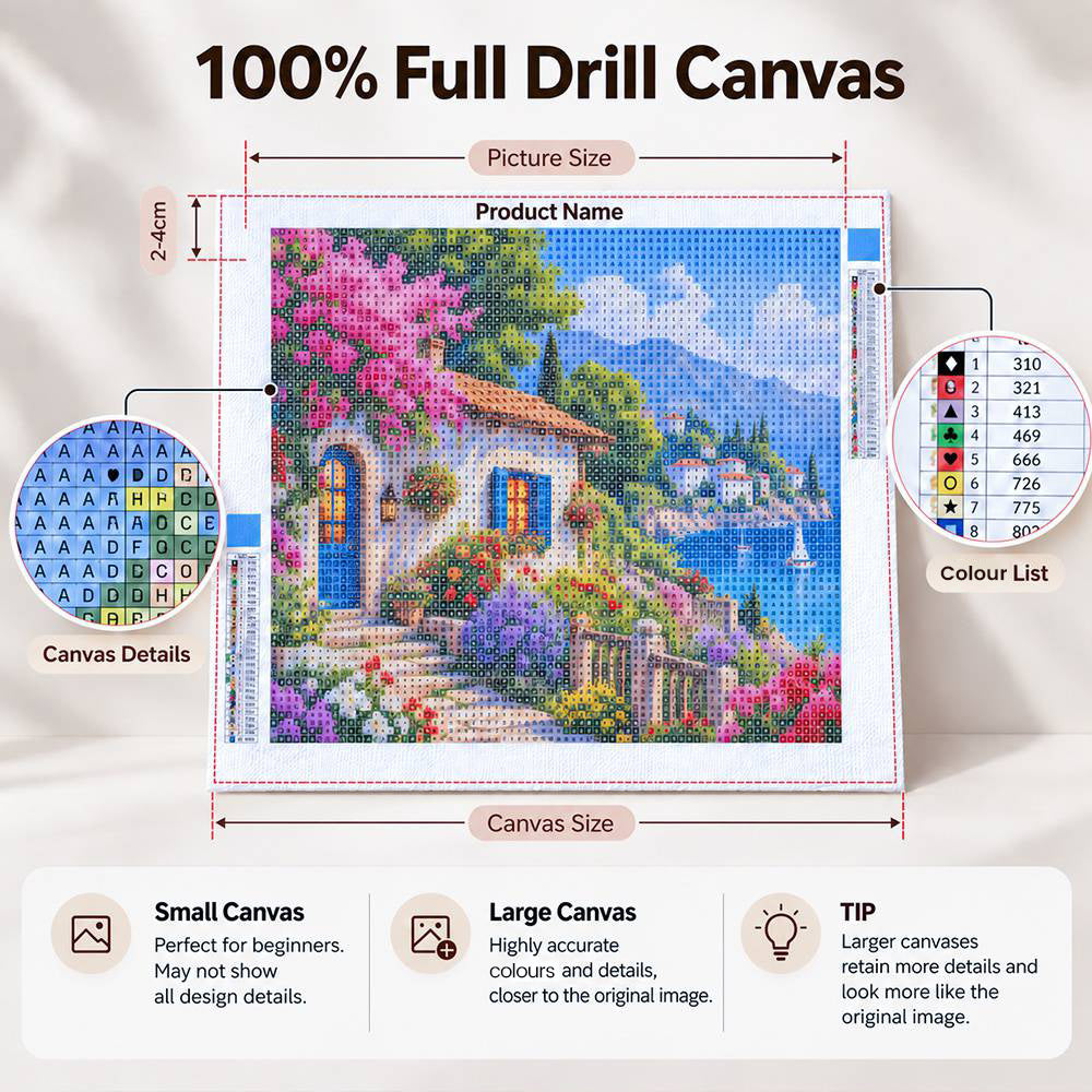 100 percent full drill custom diamond painting canvas with size guide and colour list details