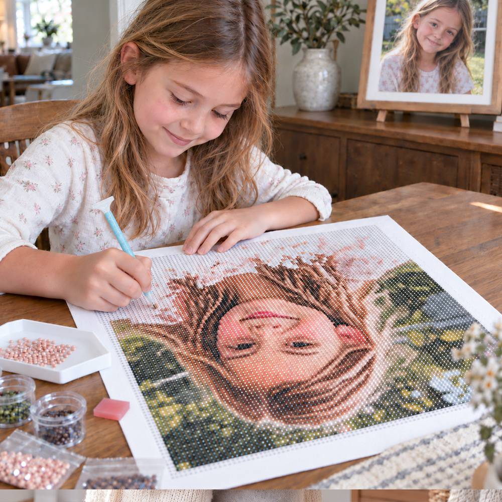 Child working on a custom diamond painting canvas with tools and drills on the table