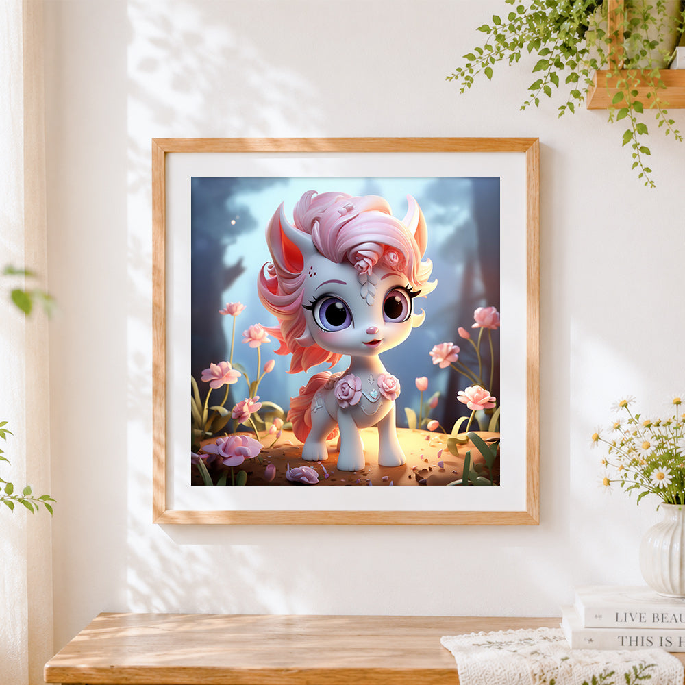 Finished cute 3d style pink unicorn cross stitch artwork displayed