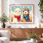 Finished cute alpacas with cosy scarves paint by numbers artwork displayed as home decor