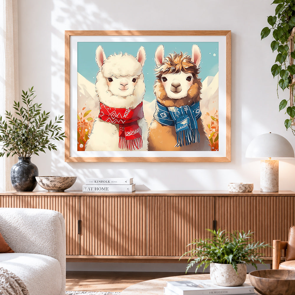 Finished cute alpacas with cosy scarves paint by numbers artwork displayed as home decor