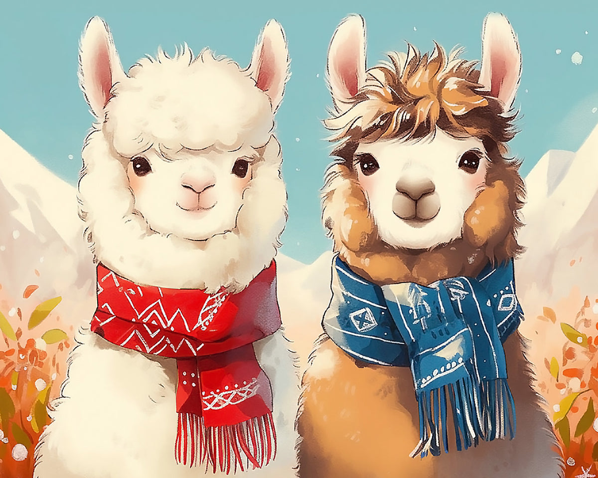 Cute alpacas with cosy scarves paint by numbers kit for beginners