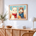 Cute alpacas with cosy scarves paint by numbers artwork displayed on wall as home decor