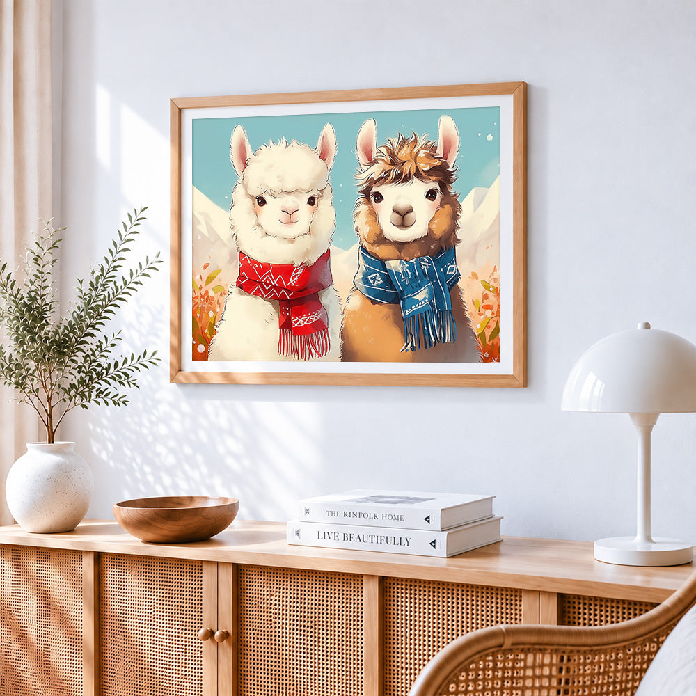 Cute alpacas with cosy scarves paint by numbers artwork displayed on wall as home decor