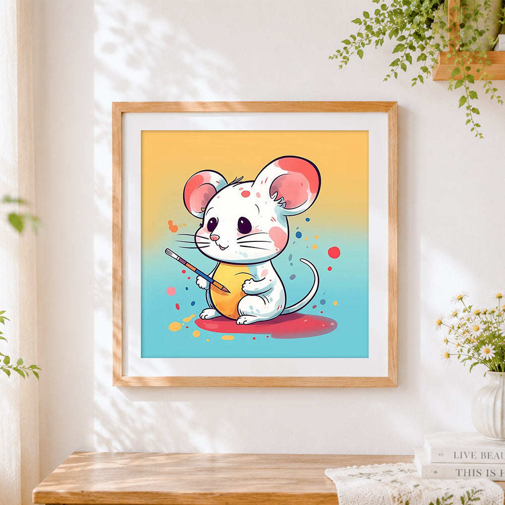 Finished cute artist mouse with paintbrush cross stitch artwork displayed