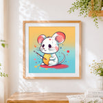 Finished cute artist mouse with paintbrush cross stitch artwork displayed