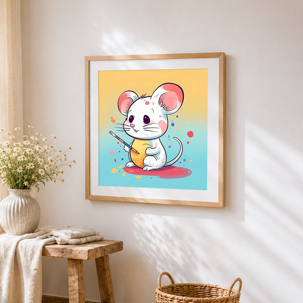 Cute artist mouse with paintbrush cross stitch artwork displayed on wall as home decor