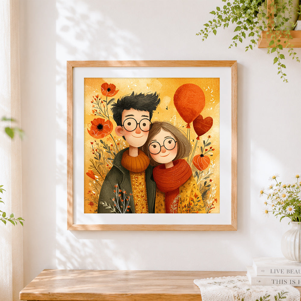 Finished cute autumn couple illustration cross stitch artwork displayed