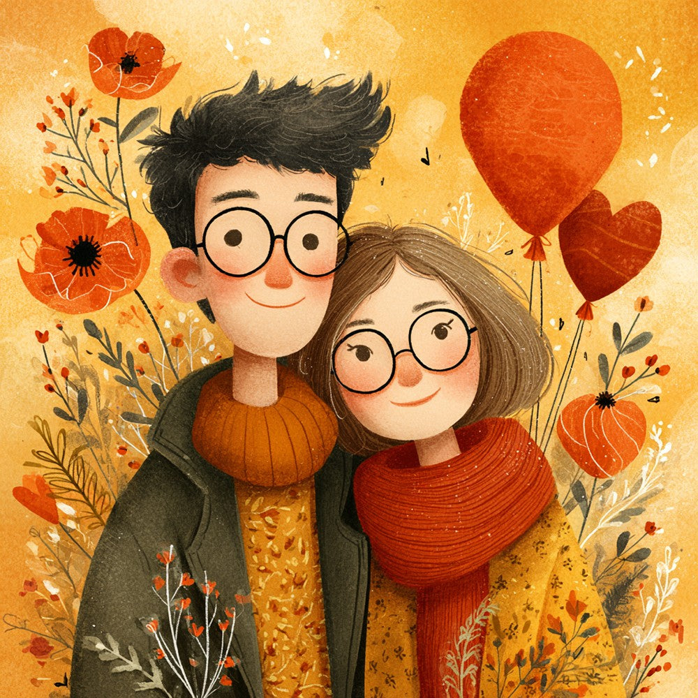 Cute autumn couple illustration cross stitch kit for beginners