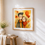 Cute autumn couple illustration cross stitch artwork displayed on wall as home decor