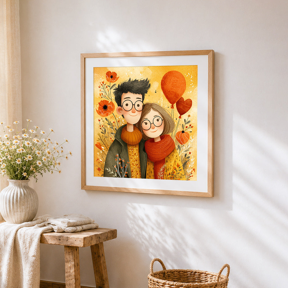 Cute autumn couple illustration cross stitch artwork displayed on wall as home decor