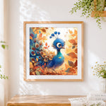 Finished cute autumn peacock cross stitch artwork displayed