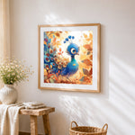 Cute autumn peacock cross stitch artwork displayed on wall as home decor