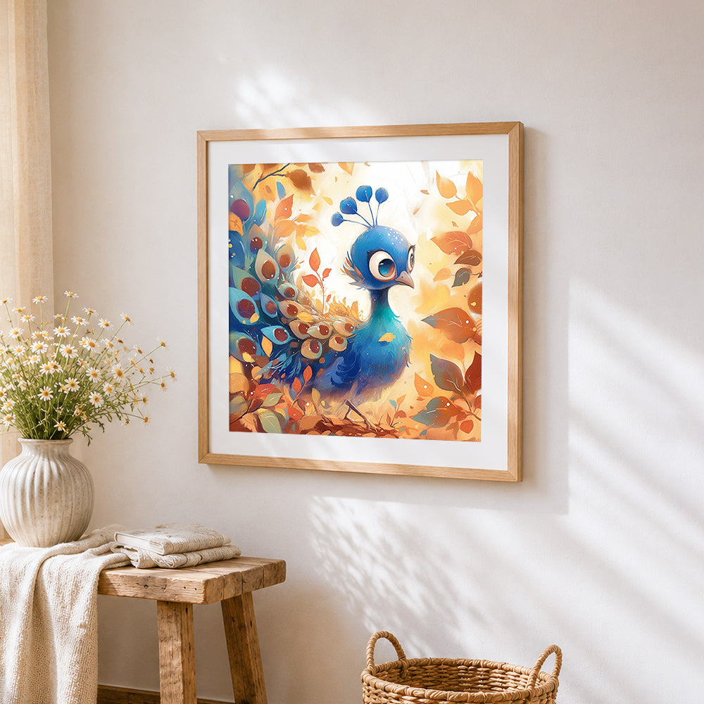 Cute autumn peacock cross stitch artwork displayed on wall as home decor