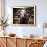 Cute baby elephant splashing water cross stitch artwork displayed on wall as home decor