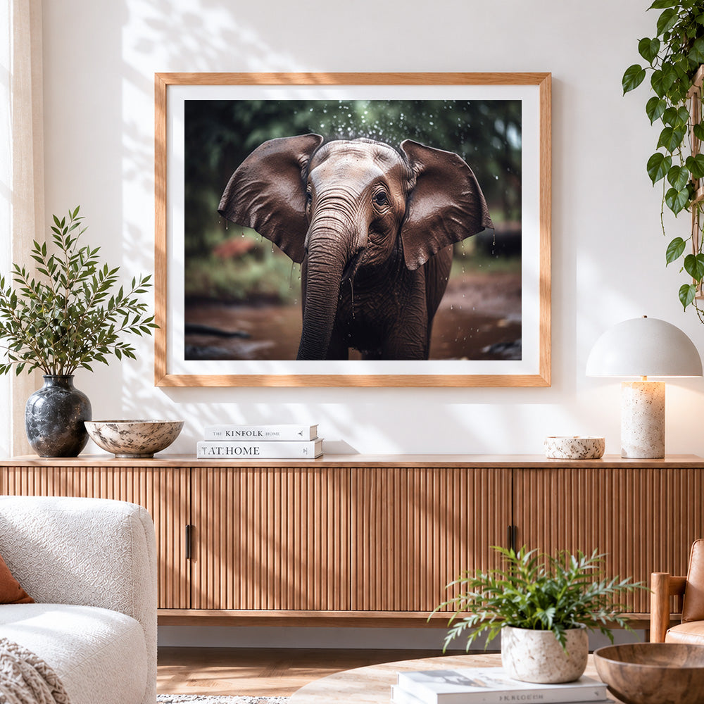 Finished cute baby elephant splashing water paint by numbers artwork displayed as home decor