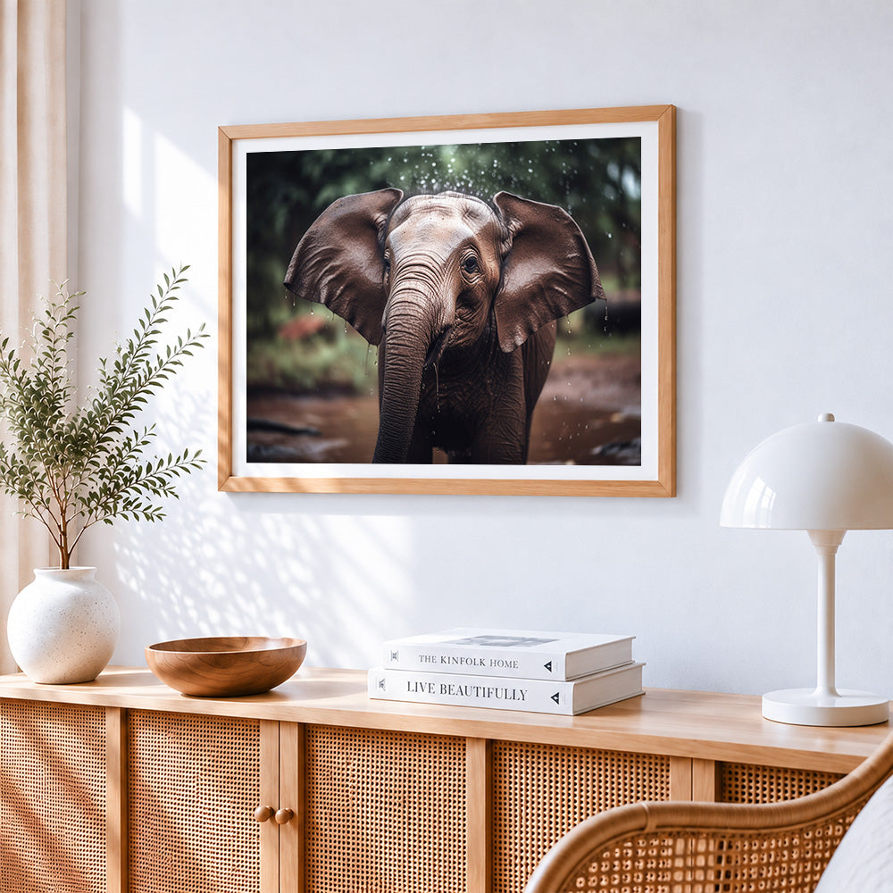 Cute baby elephant splashing water paint by numbers artwork displayed on wall as home decor