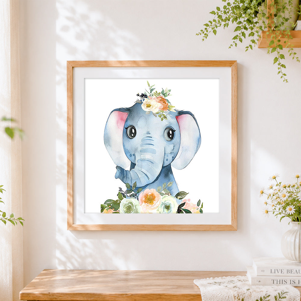 Finished cute baby elephant with floral crown cross stitch artwork displayed