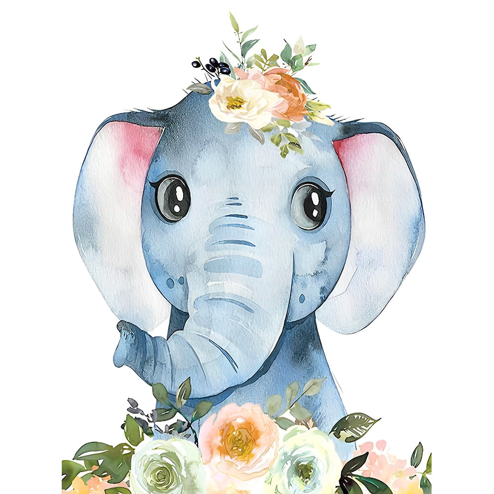 Cute baby elephant with floral crown cross stitch kit for beginners