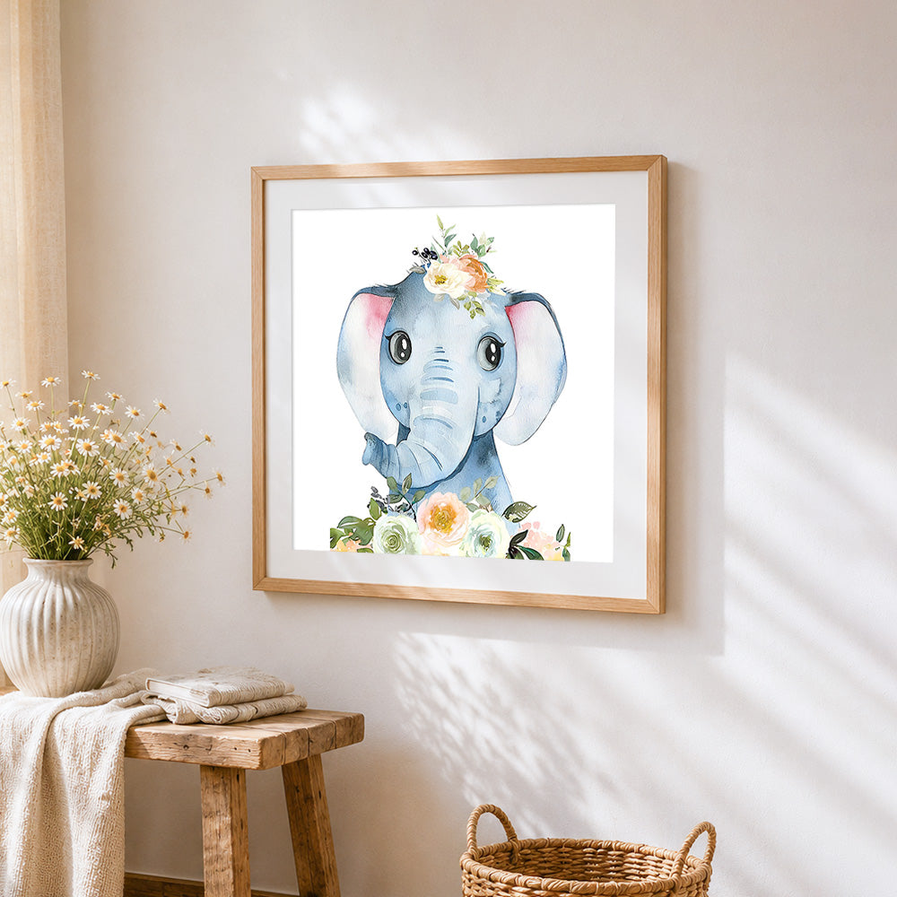 Cute baby elephant with floral crown cross stitch artwork displayed on wall as home decor