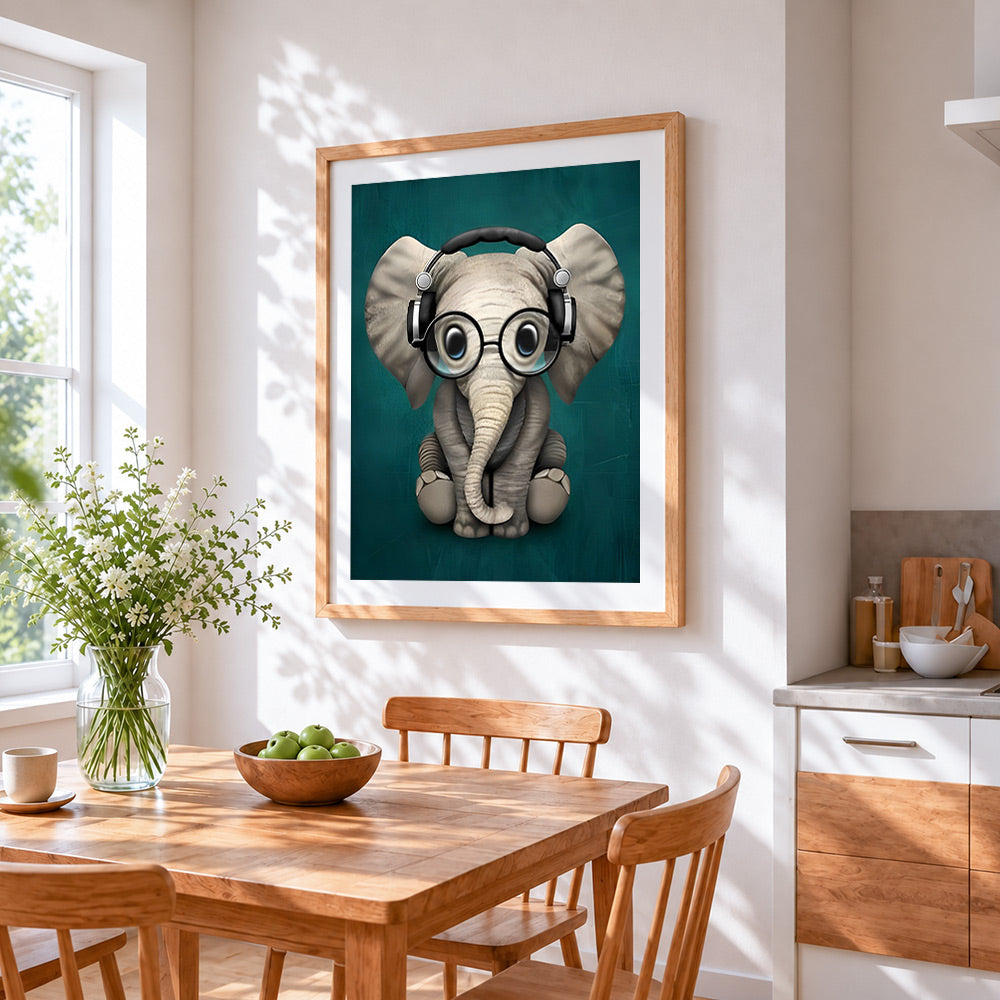 Cute baby elephant with headphones cross stitch artwork displayed on wall as home decor