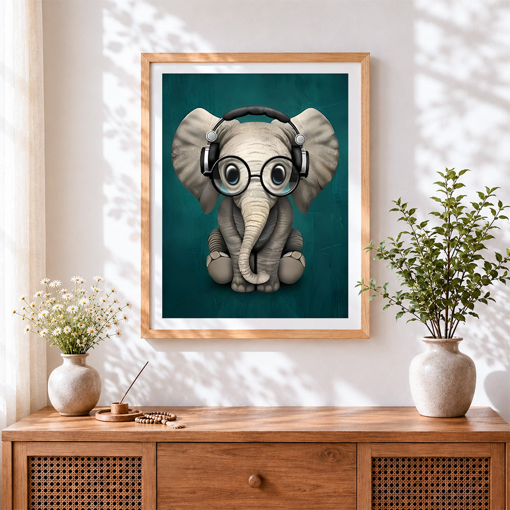 Finished cute baby elephant with headphones paint by numbers artwork displayed as home decor