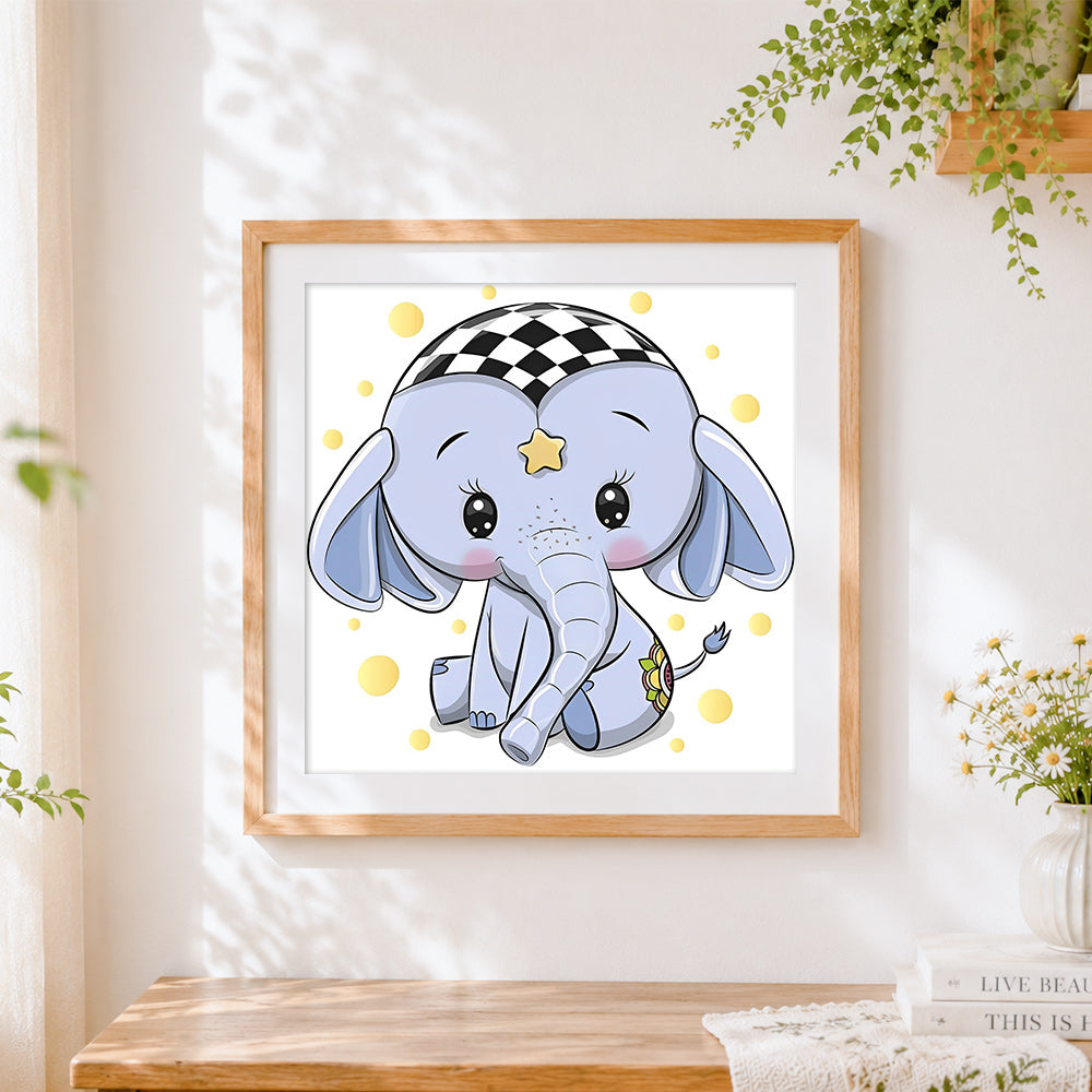 Finished cute baby elephant with star cross stitch artwork displayed
