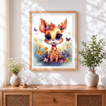 Finished cute baby giraffe in a wildflower meadow cross stitch artwork displayed