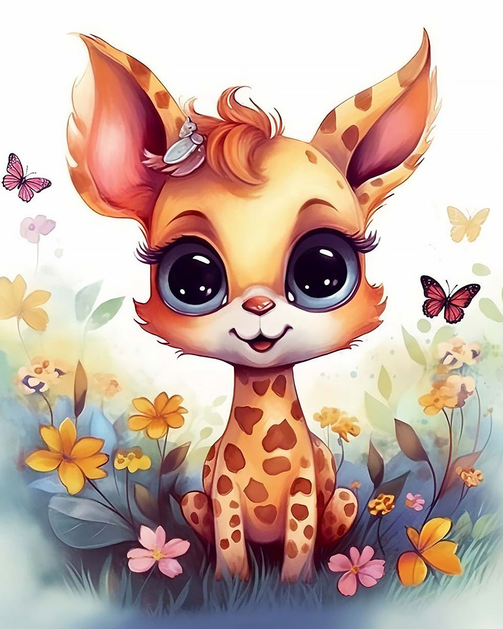 Cute baby giraffe in a wildflower meadow cross stitch kit for beginners