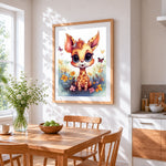 Cute baby giraffe in a wildflower meadow cross stitch artwork displayed on wall as home decor