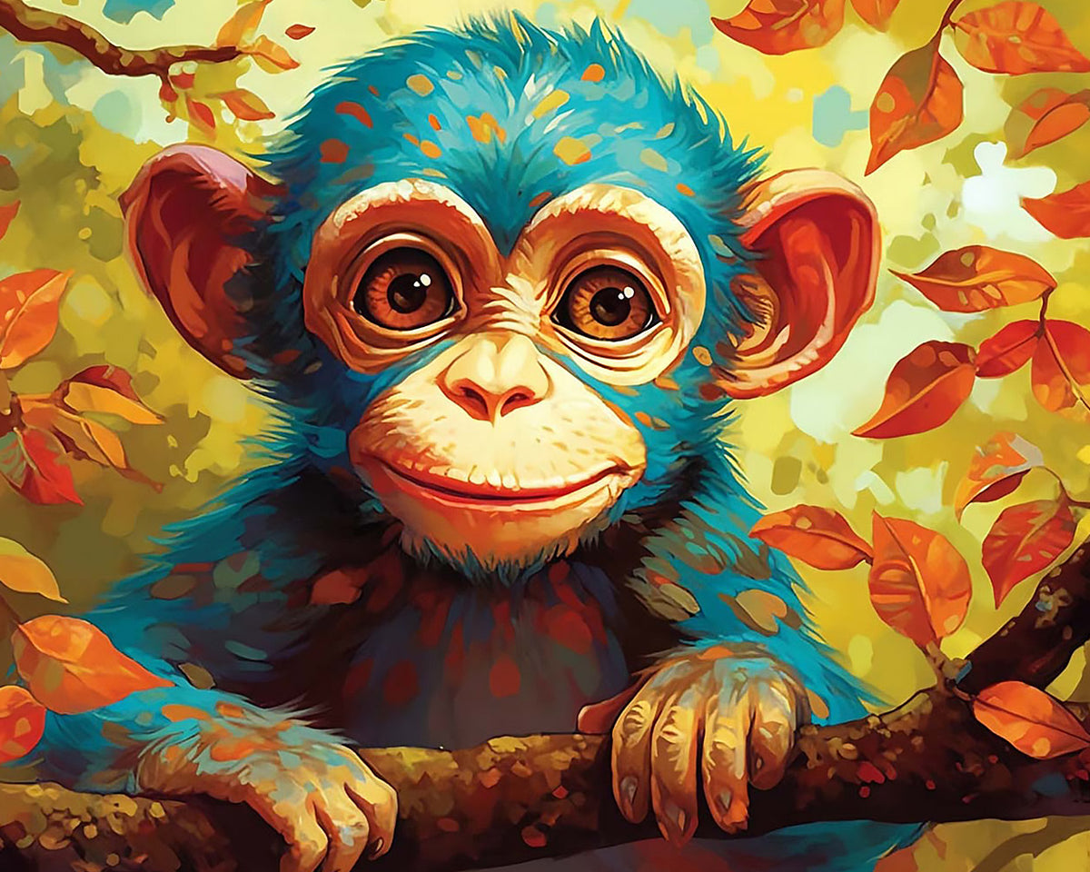 Cute baby monkey in autumn leaves cross stitch kit for beginners