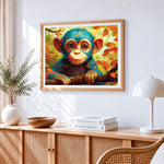 Cute baby monkey in autumn leaves cross stitch artwork displayed on wall as home decor