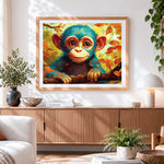 Finished cute baby monkey in autumn leaves paint by numbers artwork displayed as home decor