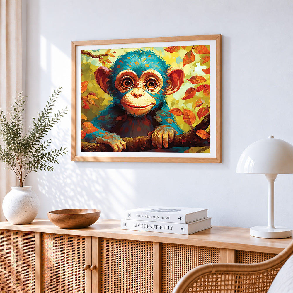 Cute baby monkey in autumn leaves paint by numbers artwork displayed on wall as home decor
