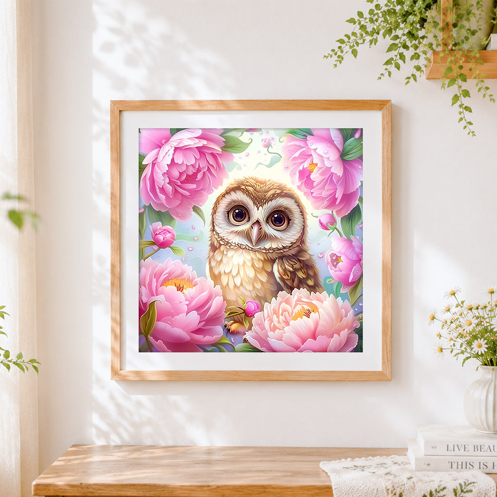 Finished cute baby owl in pink peony flowers cross stitch artwork displayed