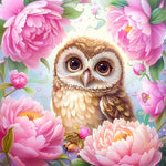 Cute baby owl in pink peony flowers cross stitch kit for beginners