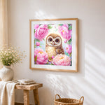 Cute baby owl in pink peony flowers cross stitch artwork displayed on wall as home decor
